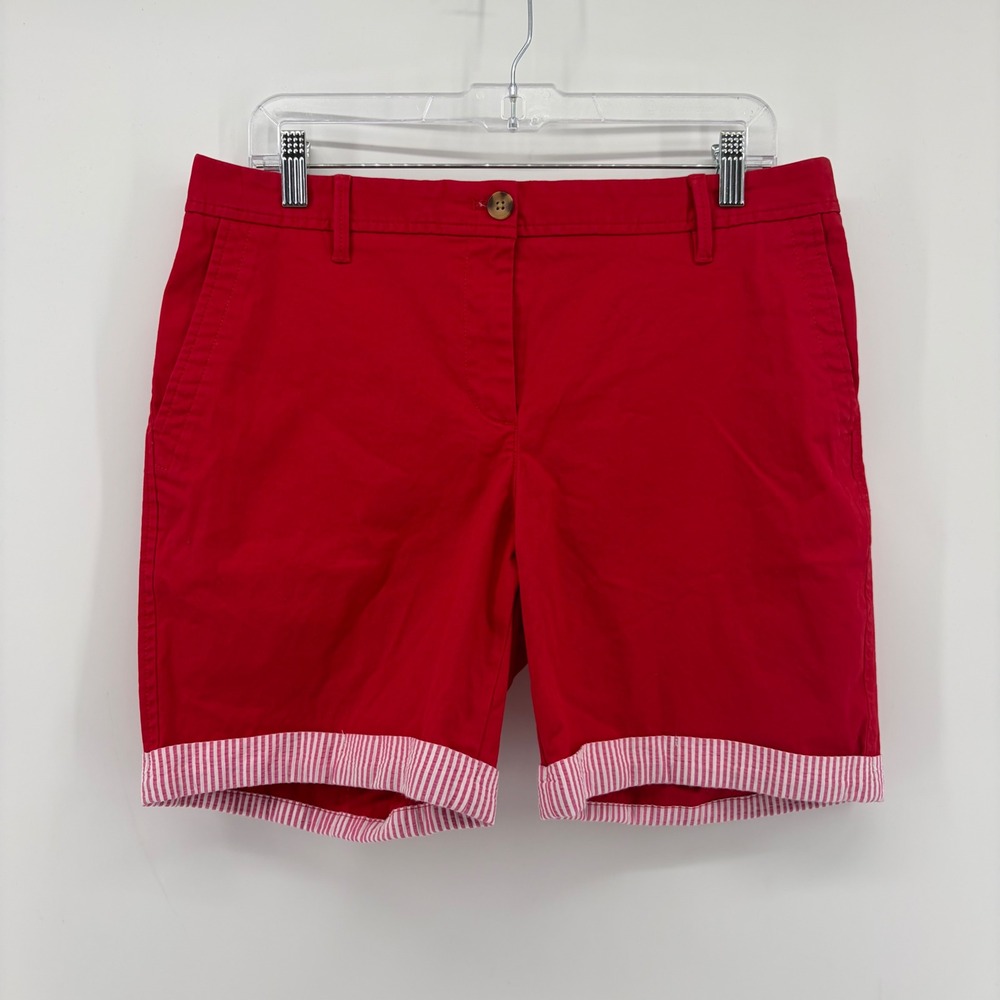 Talbots Womens 8 Red Relaxed Chino Shorts Striped Cuff Stretch 7 Inch Inseam
